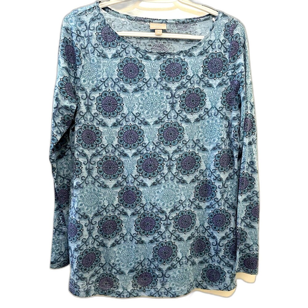 J Jill  Lightweight Semi Sheer Slub Knit Blue Floral Shirt Size Medium
